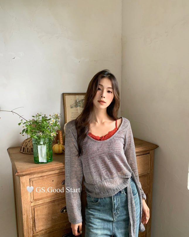 Signature Layered Tie-Waist Blouse + Lace Cami Set