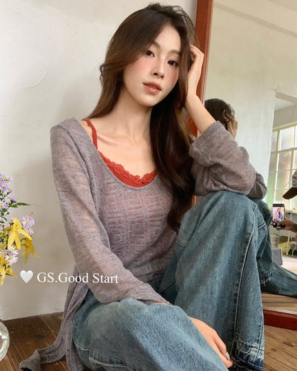 Signature Layered Tie-Waist Blouse + Lace Cami Set