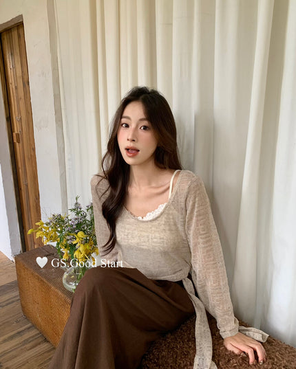 Signature Layered Tie-Waist Blouse + Lace Cami Set