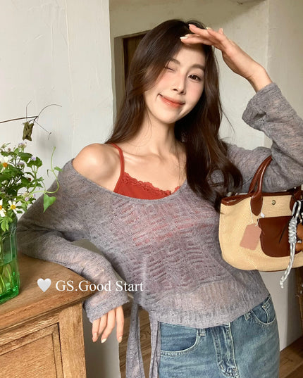 Signature Layered Tie-Waist Blouse + Lace Cami Set