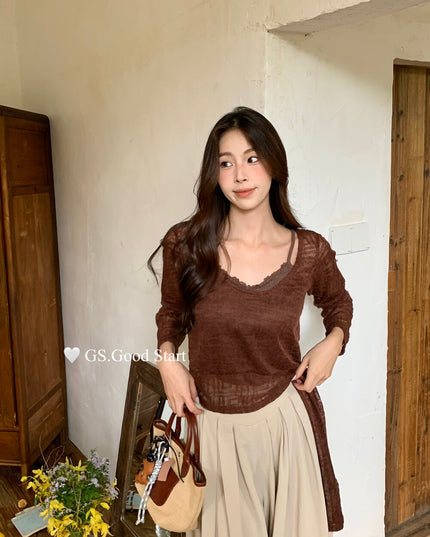 Signature Layered Tie-Waist Blouse + Lace Cami Set