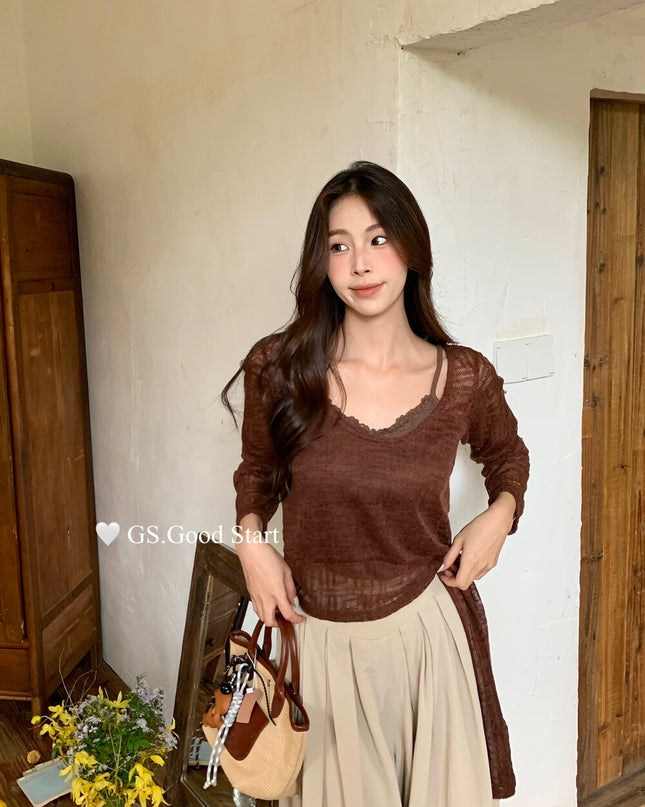 Signature Layered Tie-Waist Blouse + Lace Cami Set