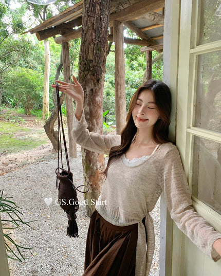 Signature Layered Tie-Waist Blouse + Lace Cami Set