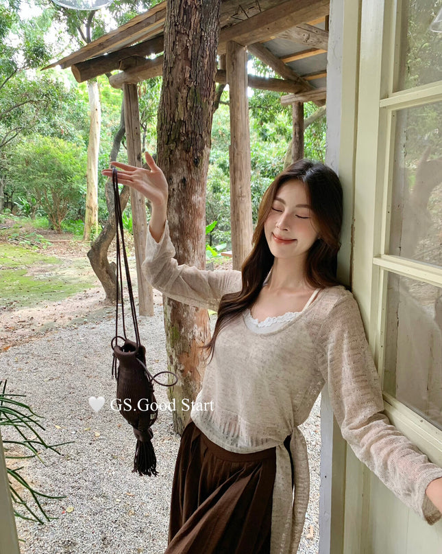 Signature Layered Tie-Waist Blouse + Lace Cami Set
