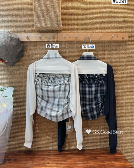 Plaid Halter Bustier + Cardigan Set with Detachable Ribbon
