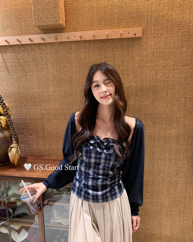 Plaid Halter Bustier + Cardigan Set with Detachable Ribbon