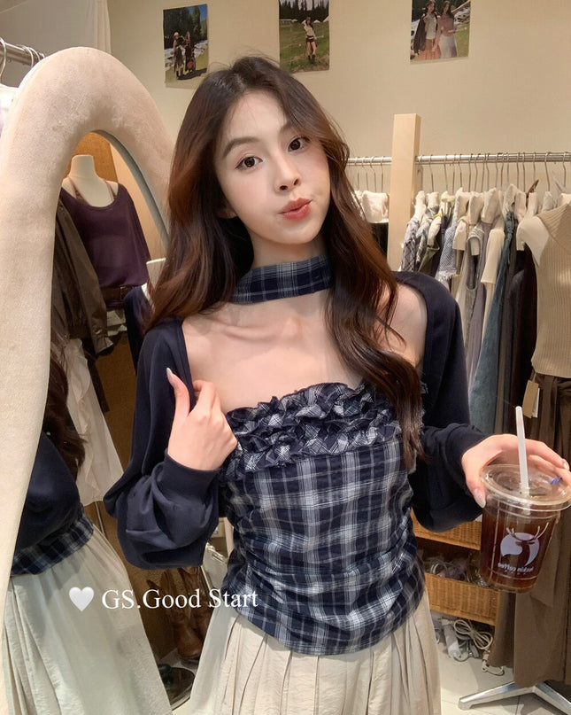 Plaid Halter Bustier + Cardigan Set with Detachable Ribbon