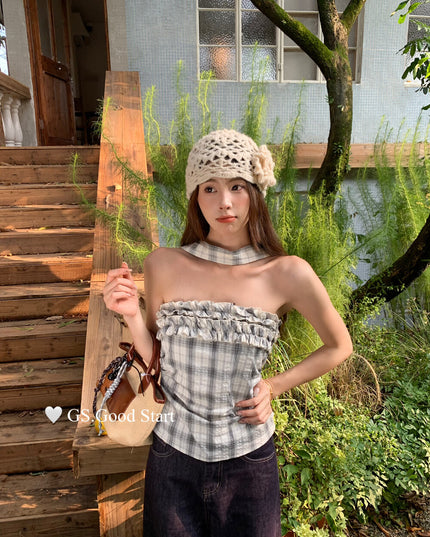 Plaid Halter Bustier + Cardigan Set with Detachable Ribbon