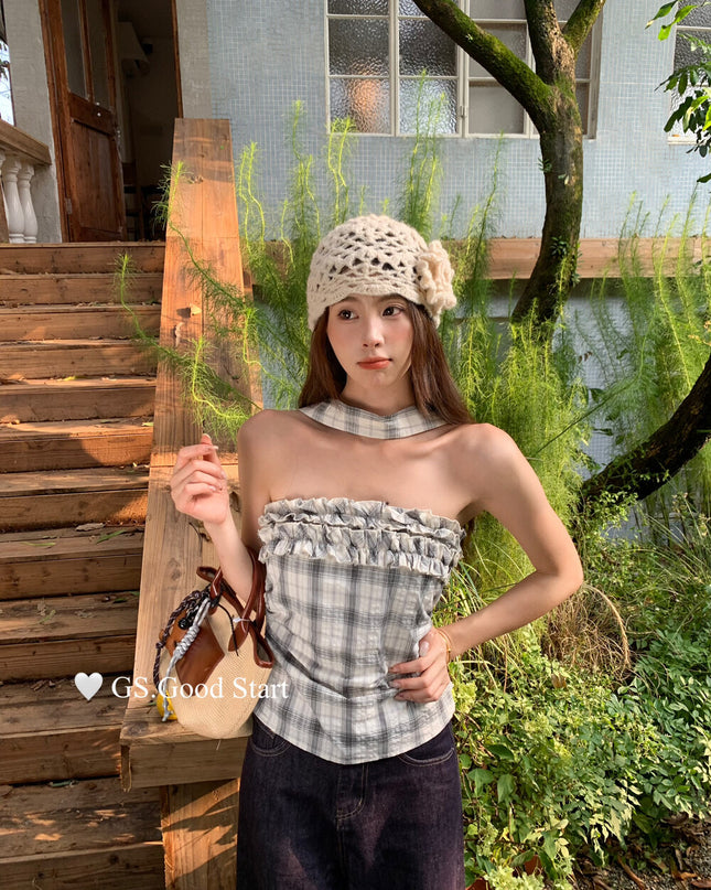 Plaid Halter Bustier + Cardigan Set with Detachable Ribbon