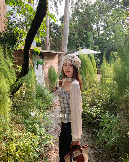 Plaid Halter Bustier + Cardigan Set with Detachable Ribbon