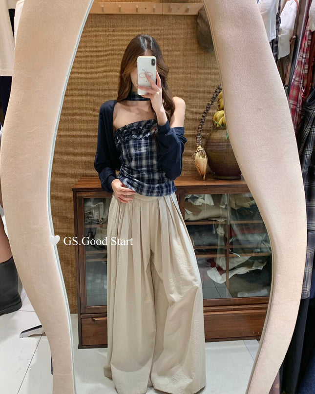Plaid Halter Bustier + Cardigan Set with Detachable Ribbon
