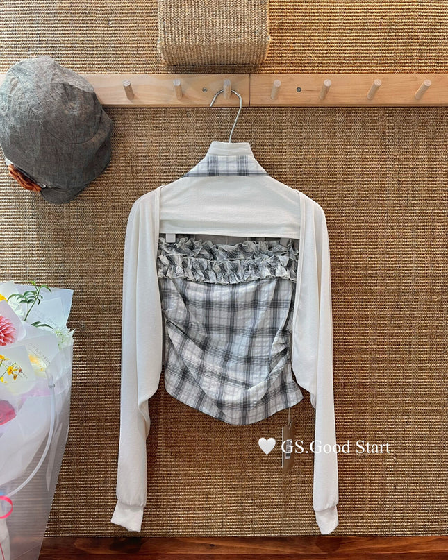 Plaid Halter Bustier + Cardigan Set with Detachable Ribbon