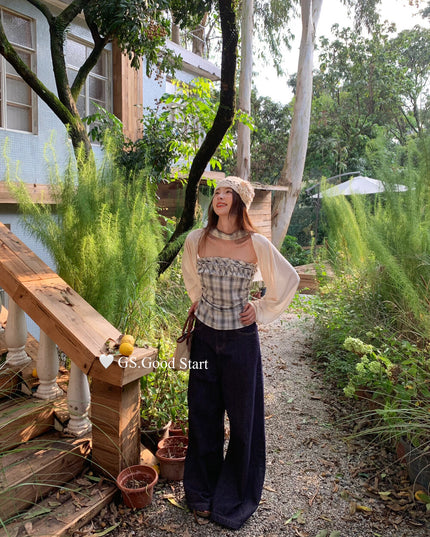 Plaid Halter Bustier + Cardigan Set with Detachable Ribbon