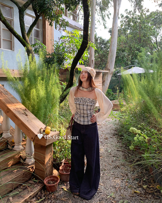 Plaid Halter Bustier + Cardigan Set with Detachable Ribbon