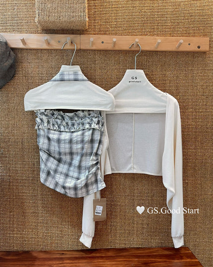 Plaid Halter Bustier + Cardigan Set with Detachable Ribbon