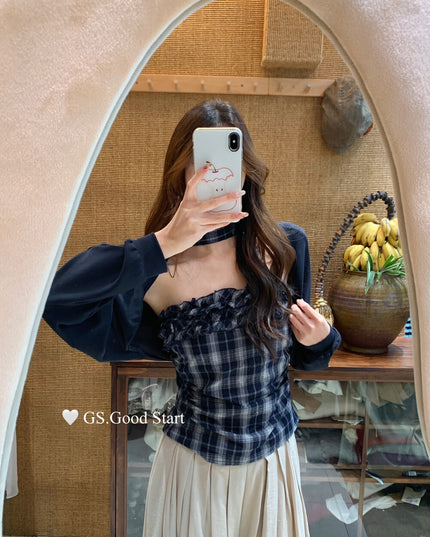 Plaid Halter Bustier + Cardigan Set with Detachable Ribbon
