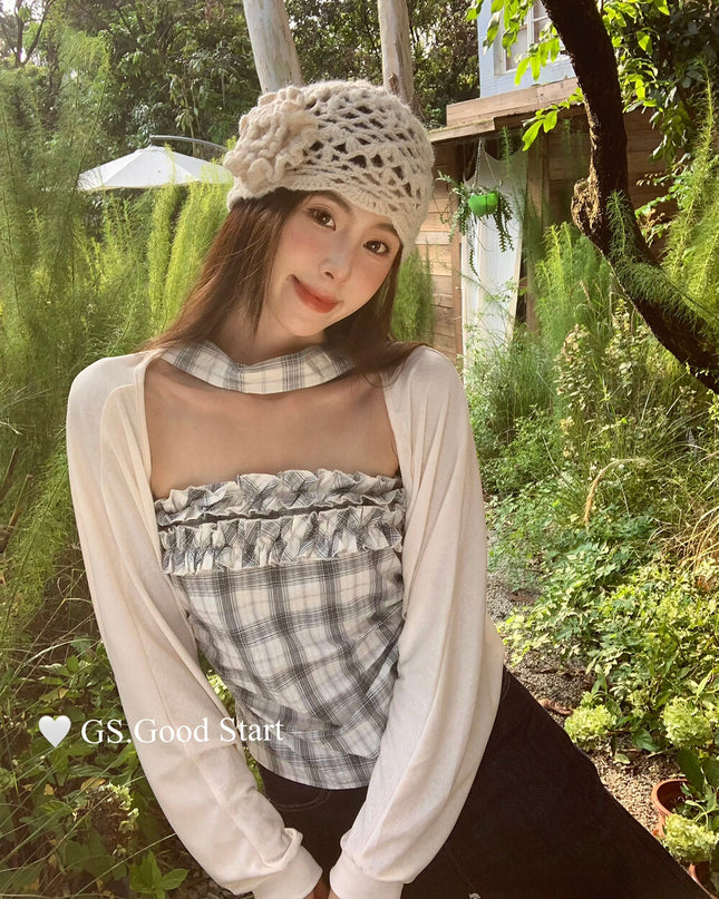 Plaid Halter Bustier + Cardigan Set with Detachable Ribbon