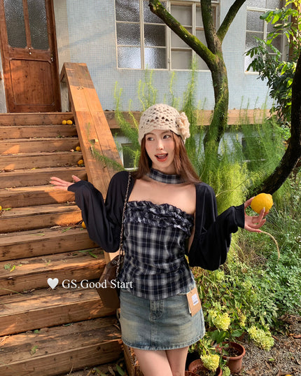 Plaid Halter Bustier + Cardigan Set with Detachable Ribbon