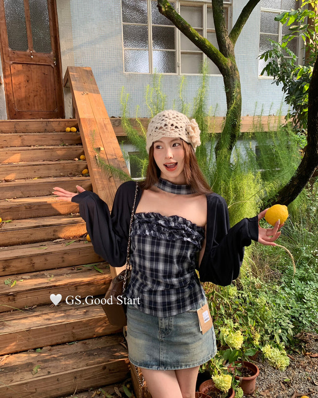 Plaid Halter Bustier + Cardigan Set with Detachable Ribbon