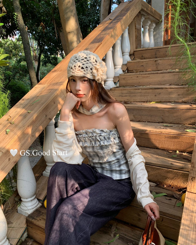 Plaid Halter Bustier + Cardigan Set with Detachable Ribbon