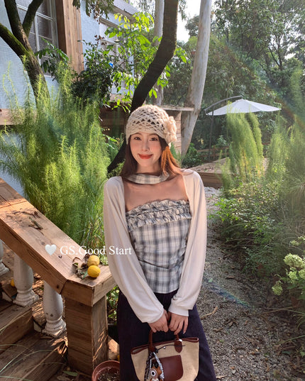 Plaid Halter Bustier + Cardigan Set with Detachable Ribbon
