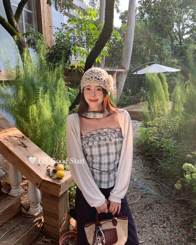 Plaid Halter Bustier + Cardigan Set with Detachable Ribbon