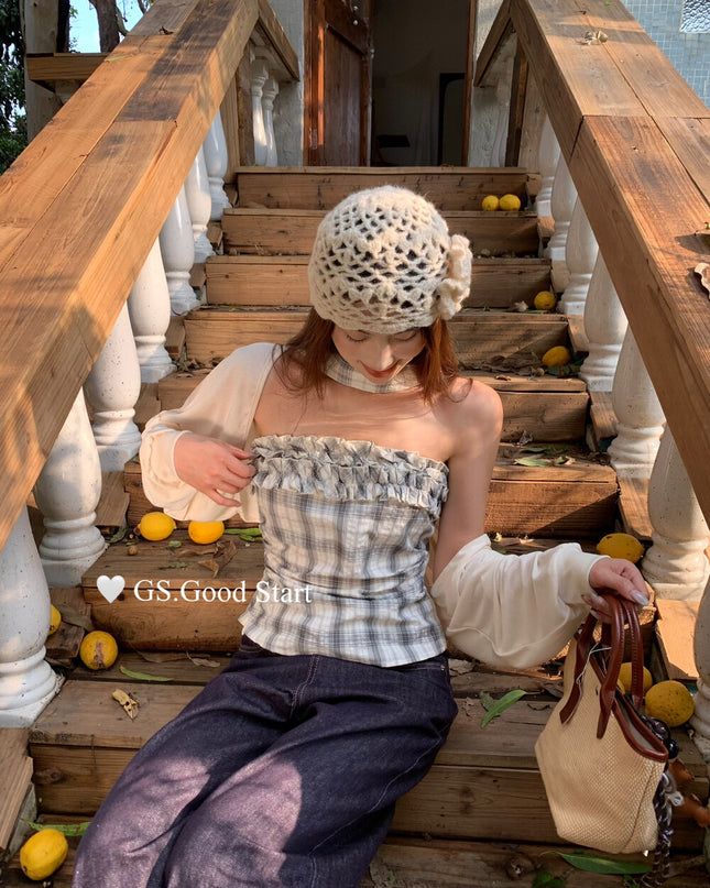 Plaid Halter Bustier + Cardigan Set with Detachable Ribbon