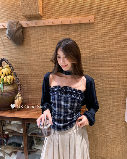 Plaid Halter Bustier + Cardigan Set with Detachable Ribbon