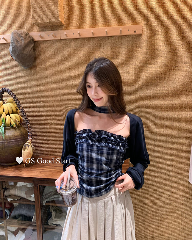 Plaid Halter Bustier + Cardigan Set with Detachable Ribbon