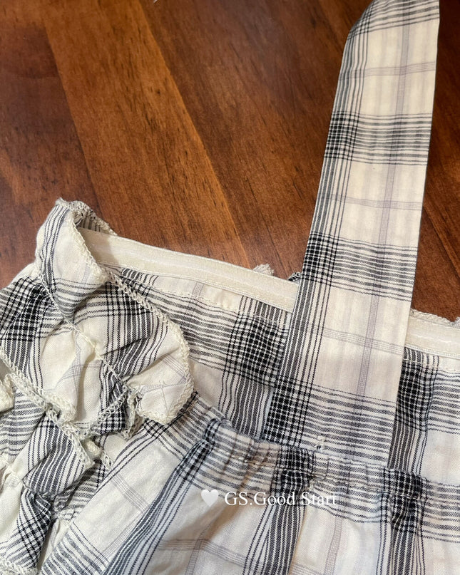 Plaid Halter Bustier + Cardigan Set with Detachable Ribbon
