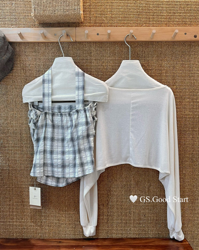 Plaid Halter Bustier + Cardigan Set with Detachable Ribbon