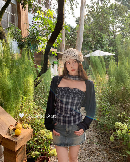 Plaid Halter Bustier + Cardigan Set with Detachable Ribbon