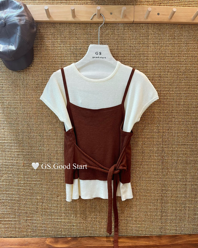 Caramel Color-Block Tie-Knit Top