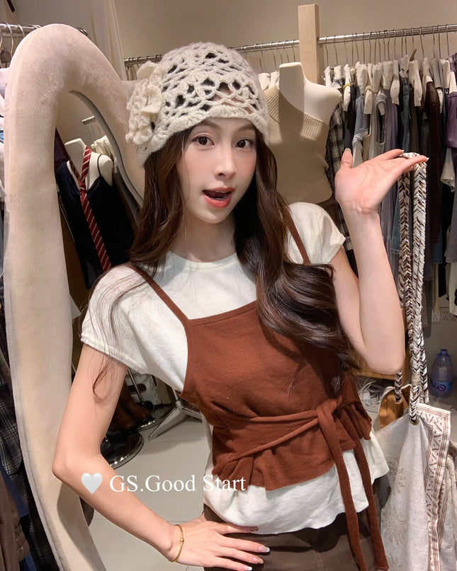 Caramel Color-Block Tie-Knit Top