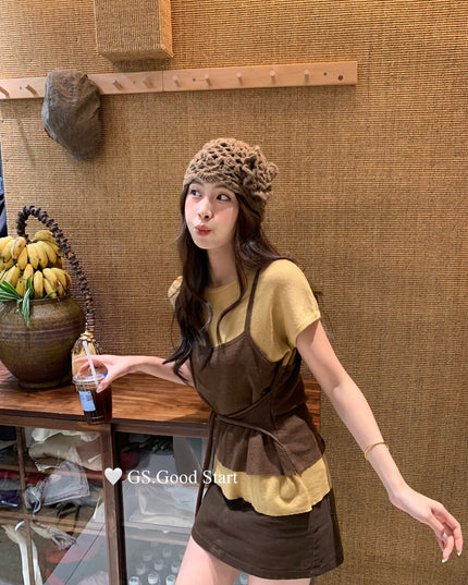 Caramel Color-Block Tie-Knit Top