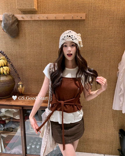 Caramel Color-Block Tie-Knit Top