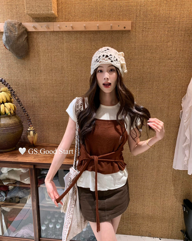 Caramel Color-Block Tie-Knit Top