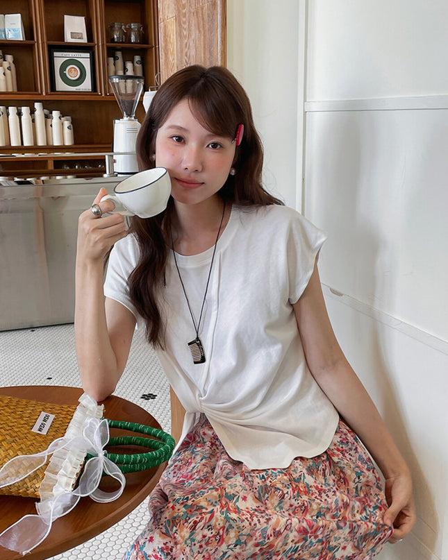 Crew-Neck Flutter-Sleeve Knot-Hem Side-Slit Tee