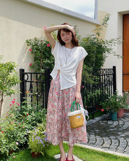 Crew-Neck Flutter-Sleeve Knot-Hem Side-Slit Tee