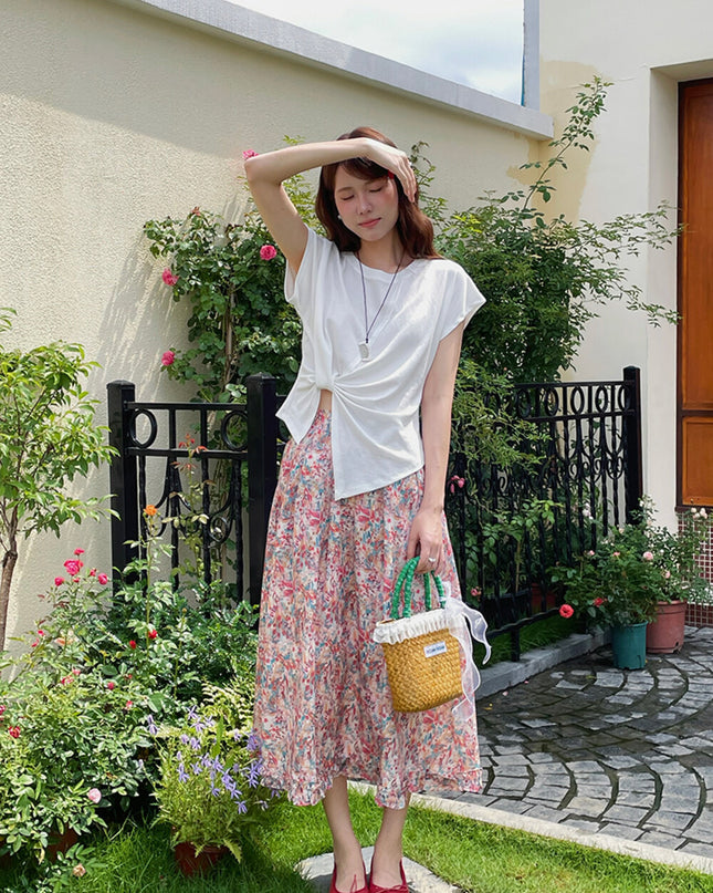 Crew-Neck Flutter-Sleeve Knot-Hem Side-Slit Tee