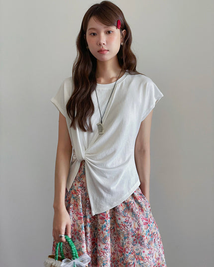 Crew-Neck Flutter-Sleeve Knot-Hem Side-Slit Tee