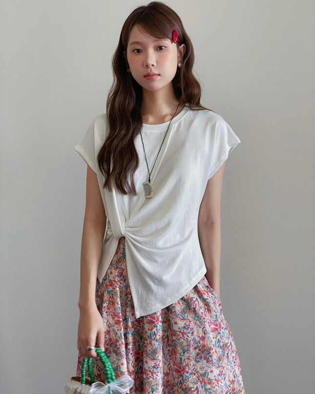 Crew-Neck Flutter-Sleeve Knot-Hem Side-Slit Tee