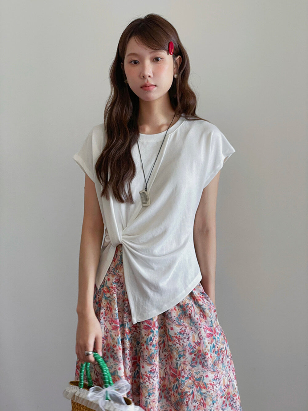 Crew-Neck Flutter-Sleeve Knot-Hem Side-Slit Tee