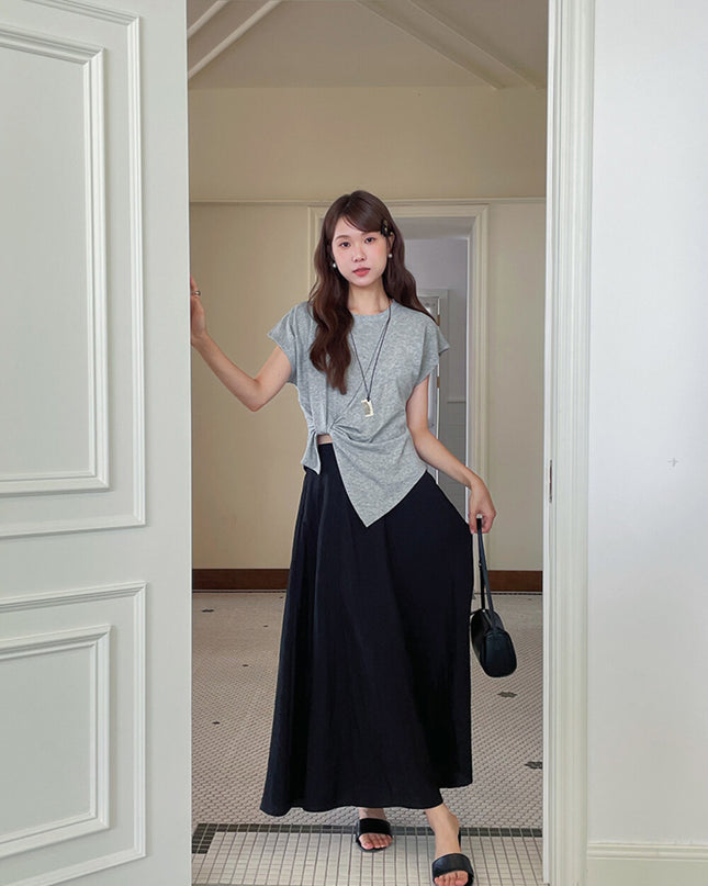 Crew-Neck Flutter-Sleeve Knot-Hem Side-Slit Tee
