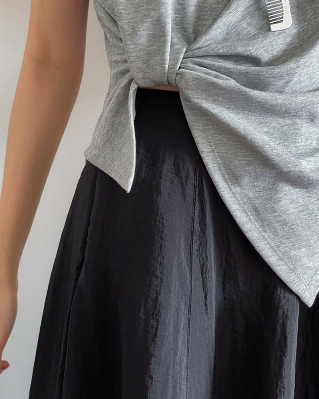 Crew-Neck Flutter-Sleeve Knot-Hem Side-Slit Tee