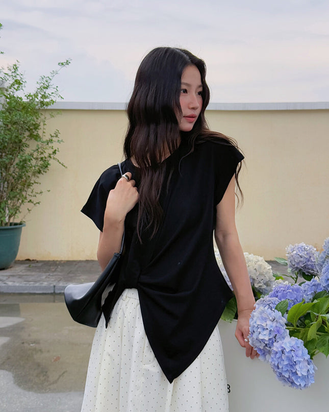 Crew-Neck Flutter-Sleeve Knot-Hem Side-Slit Tee