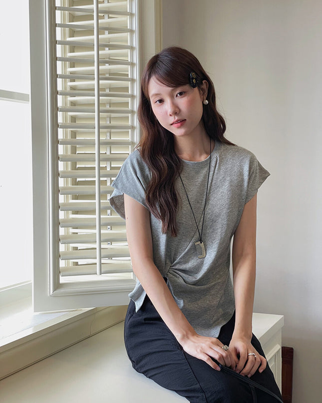 Crew-Neck Flutter-Sleeve Knot-Hem Side-Slit Tee