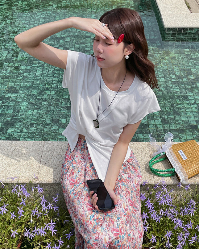 Crew-Neck Flutter-Sleeve Knot-Hem Side-Slit Tee
