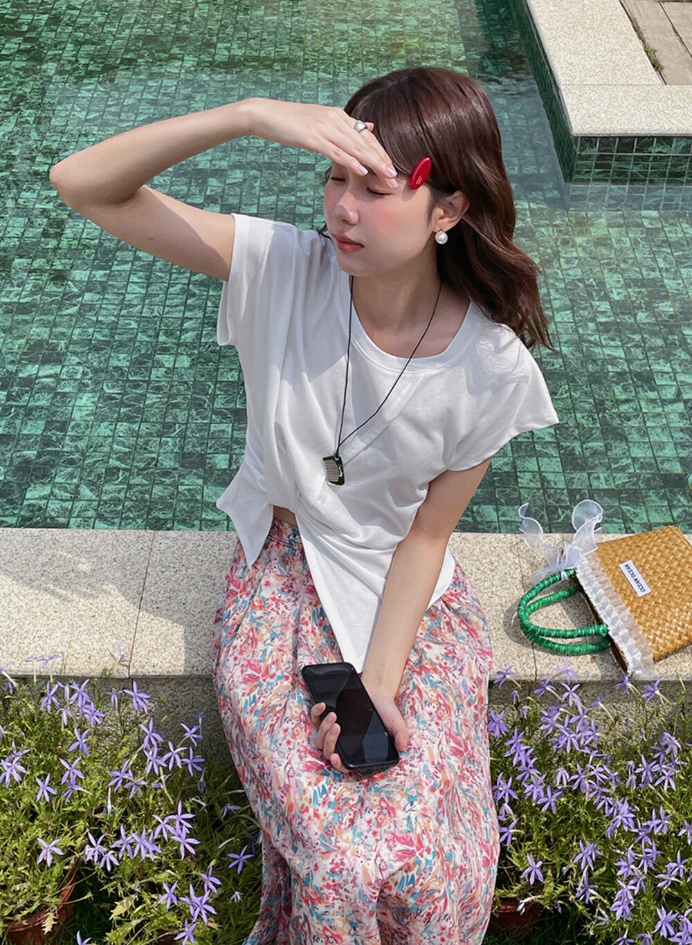 Crew-Neck Flutter-Sleeve Knot-Hem Side-Slit Tee