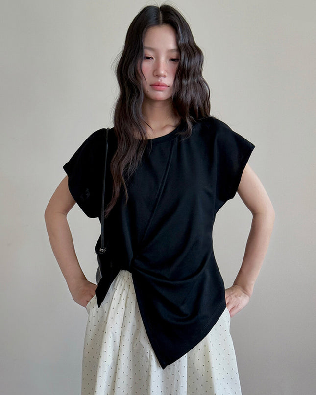 Crew-Neck Flutter-Sleeve Knot-Hem Side-Slit Tee